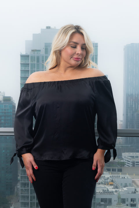Plus Size 3/4 Sleeve Satin Top With Tie Detail At Cuff (RN51783) - Wholesale Fashion Couture 