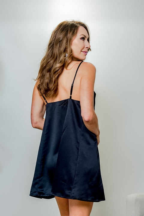 Satin Spaghetti Strap V Neck A-Line Tent Mini Slip Dress (IBD0009) - Wholesale Fashion Couture 