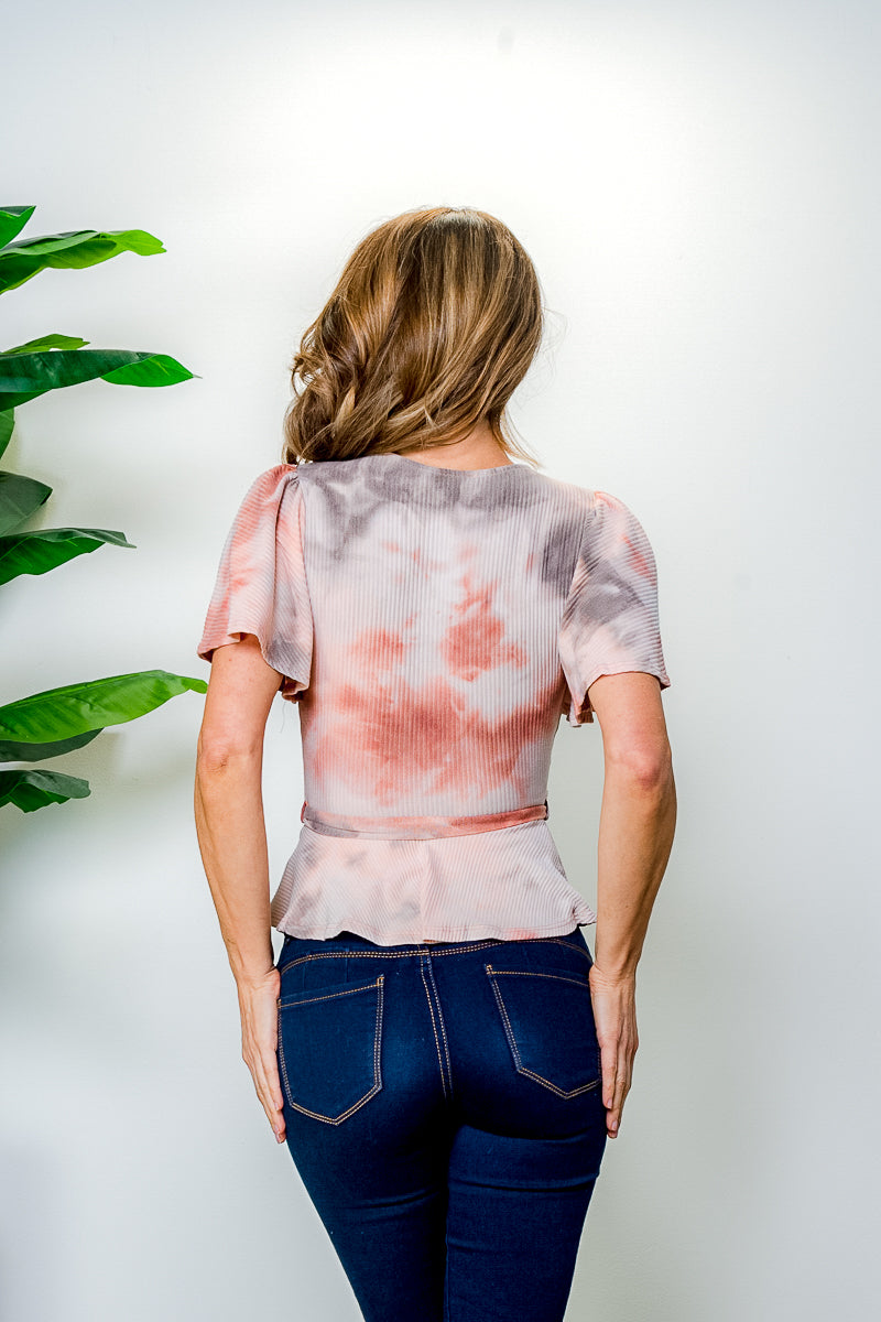 Short Bell Sleeve Surplice V Neck Blouse with Waist Tie in Pumpkin