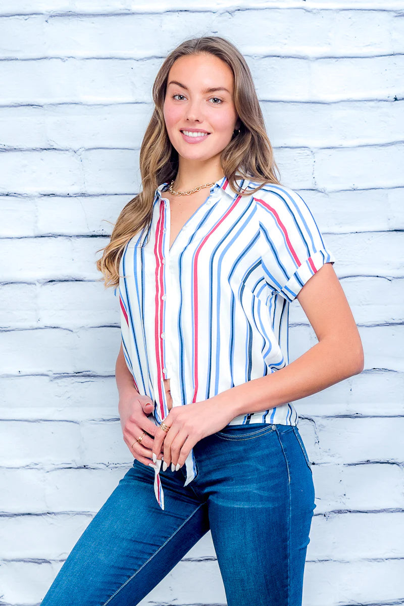 トップス NC Multi Color Striped Button Down Top with Tied Waist and Short