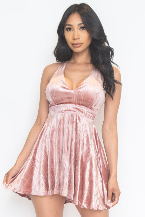High Sheen Velveteen Halter Mini Skater Dress with Plunge V Neckline in Mauve (CD21867) - Wholesale Fashion Couture 