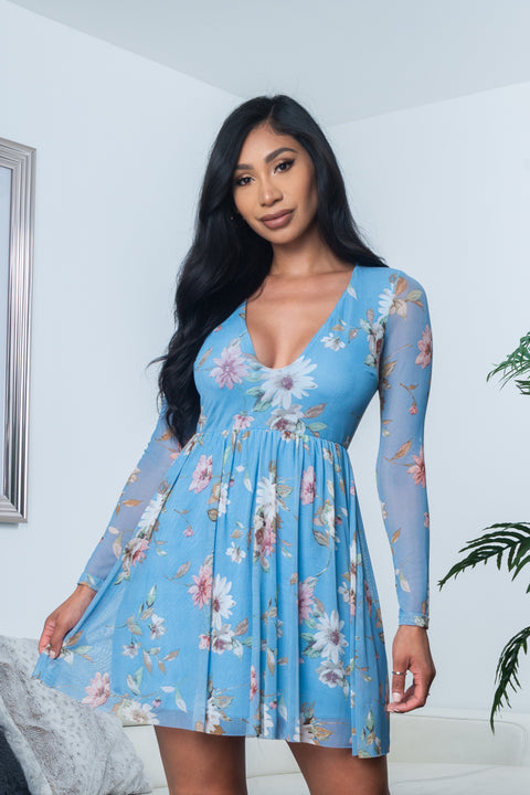 Floral Print Sheer Mesh Long Sleeve Plunge V Neck Mini Dress with Flowy Circle Skirt, Fully Lined (R6976-5) Y - Wholesale Fashion Couture 