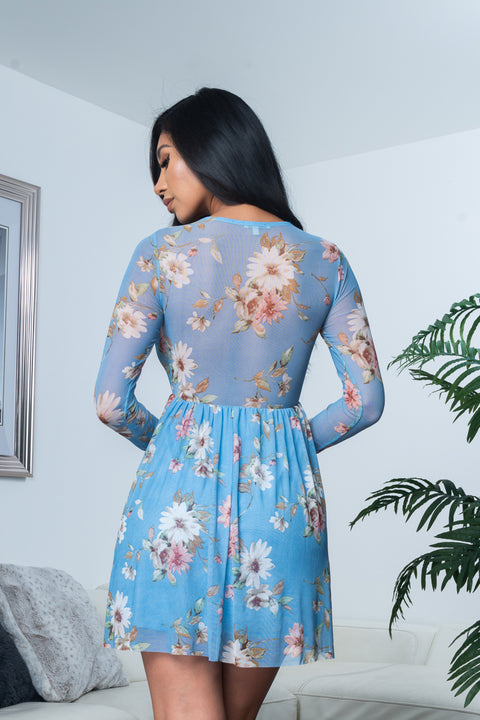 Floral Print Sheer Mesh Long Sleeve Plunge V Neck Mini Dress with Flowy Circle Skirt, Fully Lined (R6976-5) Y - Wholesale Fashion Couture 