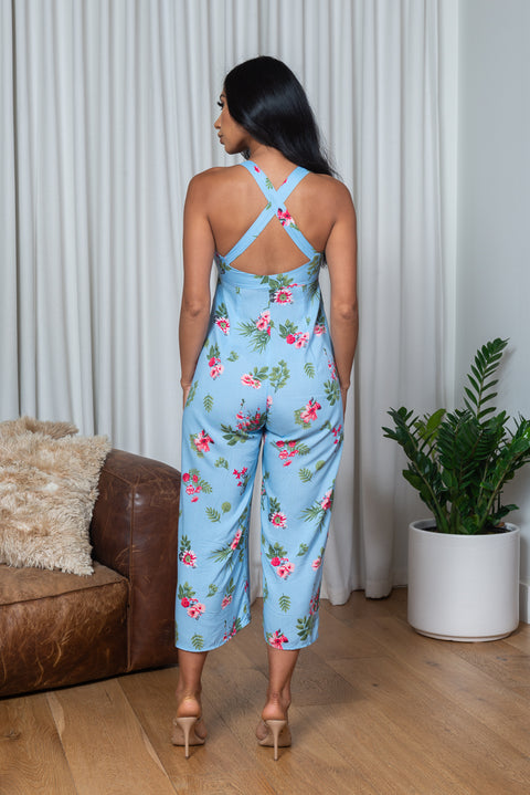 Floral Print Sweetheart Neck Sleeveless Criss Cross Back Jumpsuit in Blue (185956) - Wholesale Fashion Couture 