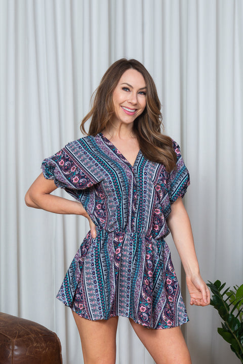 Geo Floral Striped Dolman Puff Sleeve V Neck Micro Mini Dress with Flirty A Line Skirt in Teal (152082) - Wholesale Fashion Couture 