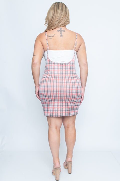 Plus Size Houndstooth Plaid Spaghetti Strap Suspender Mini Dress with Thigh (ZA3640) - Wholesale Fashion Couture 