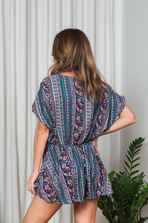 Geo Floral Striped Dolman Puff Sleeve V Neck Micro Mini Dress with Flirty A Line Skirt in Teal (152082) - Wholesale Fashion Couture 