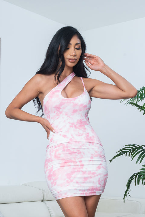 Tie Dye Crossover Halter Spaghetti Strap Rib Knit Mini Dress (CD40449-1) - Wholesale Fashion Couture 