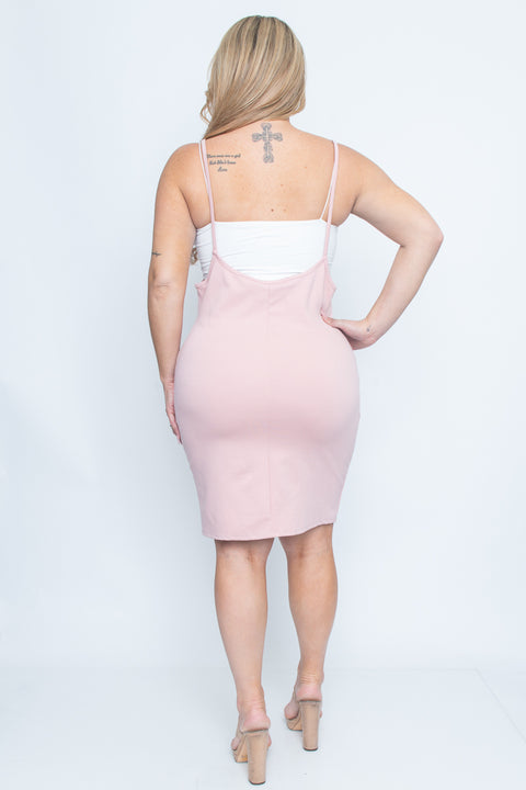 Plus Size Spaghetti Strap Suspender Midi Dress with Thigh Slit in Pink (ZA3663) - Wholesale Fashion Couture 