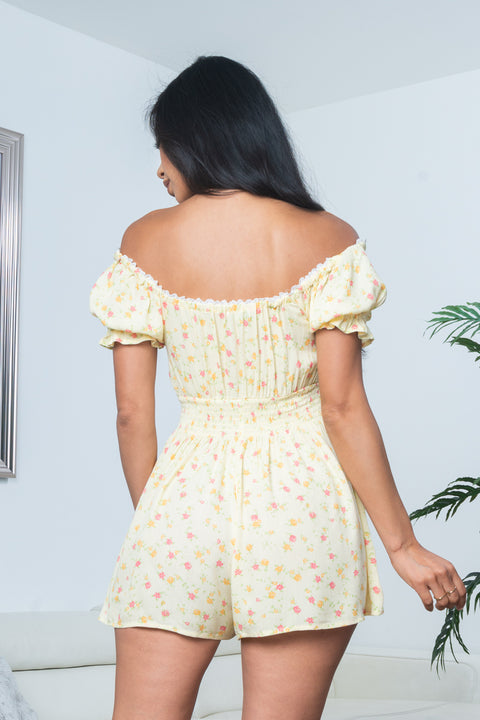 Lace Trimmed Off Shoulder Cap Sleeve Floral Print Mini Shorts Romper (3703RM) - Wholesale Fashion Couture 