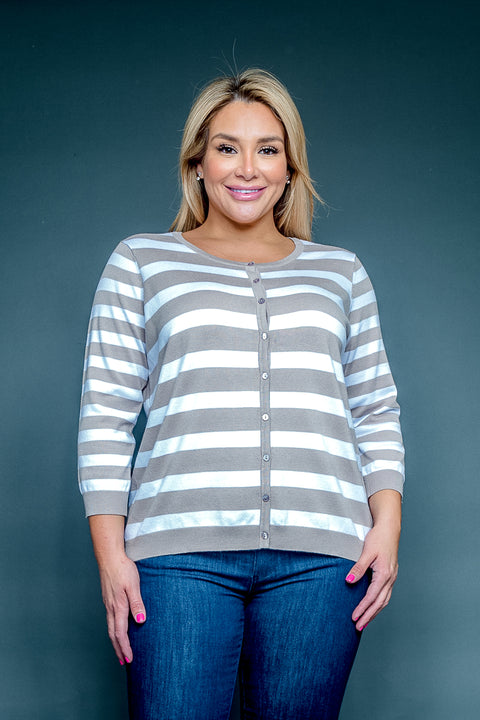 Plus Size Striped Jewel Neck 3/4 Sleeve Button Down Cardigan (SS193086W) - Wholesale Fashion Couture 