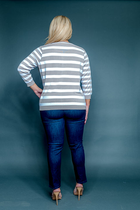 Plus Size Striped Jewel Neck 3/4 Sleeve Button Down Cardigan (SS193086W) - Wholesale Fashion Couture 