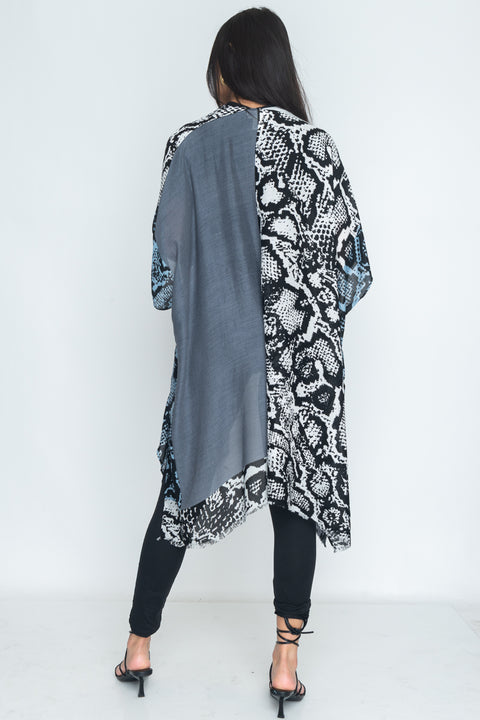 Python And Solid Print Long Cardigan Cover-up Kimono Unfinished Hem (R103131/RN94522) - Wholesale Fashion Couture 