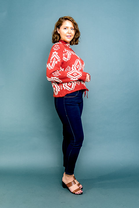 Plus Size Long Sleeve Aztec Print Mock Neck Sweater with Drawstring Waist (31194) - Wholesale Fashion Couture 