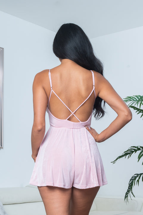 Silky Satin V Neck Spaghetti Strap Mini Shorts Romper with Criss Cross Back (3679RM) - Wholesale Fashion Couture 