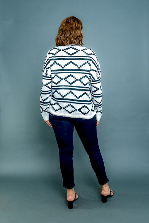 Plus Size Long Sleeve Aztec Stripe Print Mock Neck Sweater with Drawstring Waist in White & Black (31194) - Wholesale Fashion Couture 