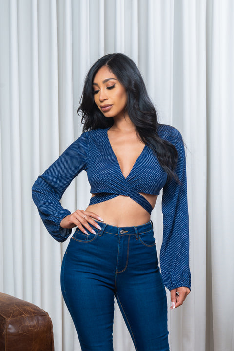 Polka Dot Long Sleeve Wrapped Waist Tie Back Crop Top in Navy & White (1751108) - Wholesale Fashion Couture 