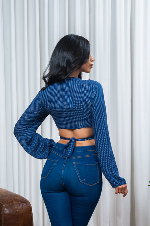 Polka Dot Long Sleeve Wrapped Waist Tie Back Crop Top in Navy & White (1751108) - Wholesale Fashion Couture 