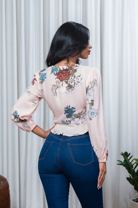 Floral Print Surplice V Neck Long Sleeve Crop Top with Peplum Waist (1751114) - Wholesale Fashion Couture 