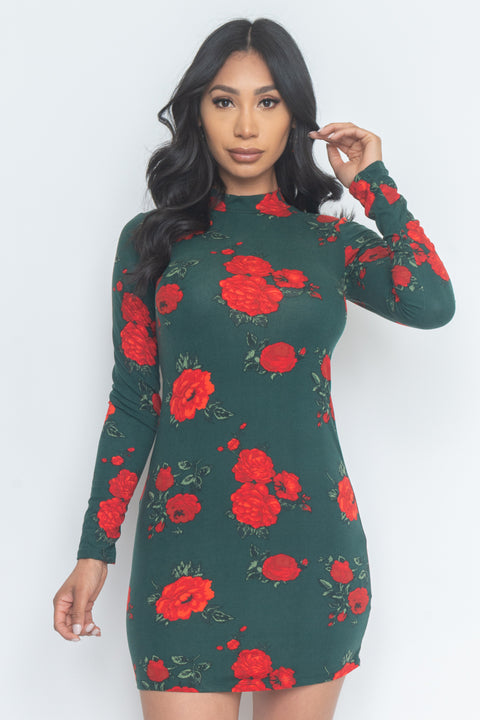 Floral Print Mock Neck Mini Dress (JD33873LP) - Wholesale Fashion Couture 
