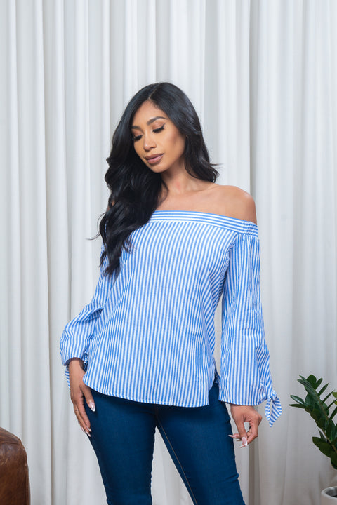Off Shoulder Striped Long Sleeve Top with Tie Cuffs in Blue & White (171146) - Wholesale Fashion Couture 
