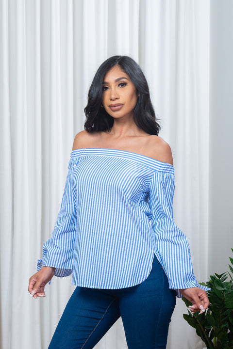 Off Shoulder Striped Long Sleeve Top with Tie Cuffs in Blue & White (171146) - Wholesale Fashion Couture 