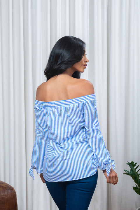 Off Shoulder Striped Long Sleeve Top with Tie Cuffs in Blue & White (171146) - Wholesale Fashion Couture 
