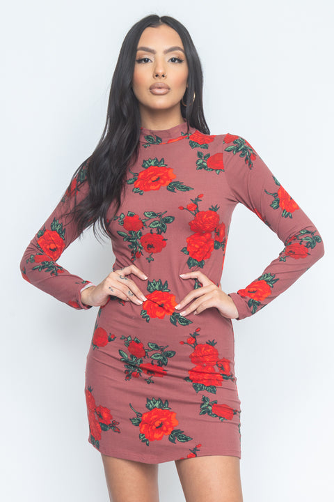 Floral Print Mock Neck Mini Dress (JD33873LP) - Wholesale Fashion Couture 
