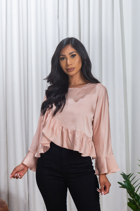 Long Sleeve Scoop Neck Asymmetrical Ruffle Hem Blouse in Champagne Blush (171135) - Wholesale Fashion Couture 