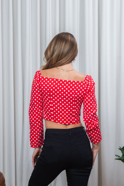'American Sweetheart' Polka Dot Sweetheart Neck 3/4 Puff Sleeve Crop Top in Navy & White (185103) - Wholesale Fashion Couture 
