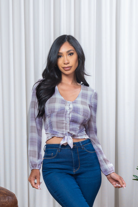 Long Sleeve V Neck Button Down Crop Top with Tied Waist in Lavender (K7853-0508) - Wholesale Fashion Couture 