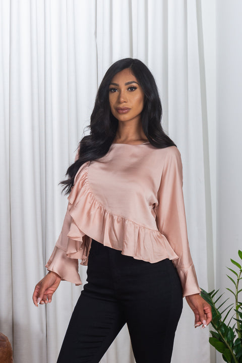 Long Sleeve Scoop Neck Asymmetrical Ruffle Hem Blouse in Champagne Blush (171135) - Wholesale Fashion Couture 