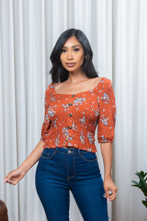 Floral Print Square Neck Smocked Top with Faux Button Front Decor (T2971) - Wholesale Fashion Couture 