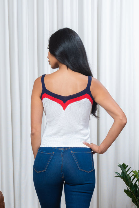 'Nautical Beauty' Color Block Trim V Neck Sweater Knit Tank Top in White, Navy & Red (182072) - Wholesale Fashion Couture 