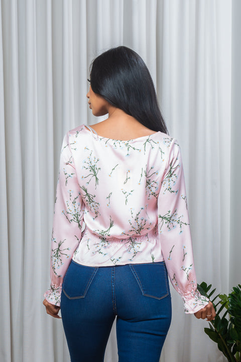 Floral Print Satin V Neck Long Sleeve Blouse with Lace Up Front & Smocked Bell Cuffs (185053) - Wholesale Fashion Couture 