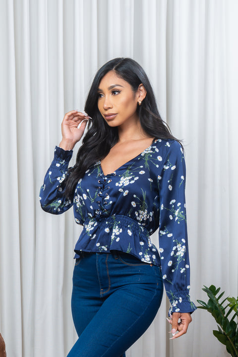 Floral Print Satin V Neck Long Sleeve Blouse with Lace Up Front & Smocked Bell Cuffs (185053) - Wholesale Fashion Couture 