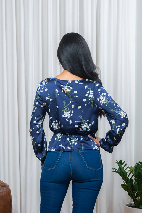 Floral Print Satin V Neck Long Sleeve Blouse with Lace Up Front & Smocked Bell Cuffs (185053) - Wholesale Fashion Couture 