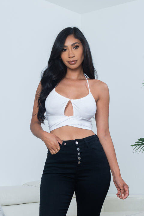 Rib Knit Halter Neck Keyhole Criss Cross Crop Top (10164TM) - Wholesale Fashion Couture 