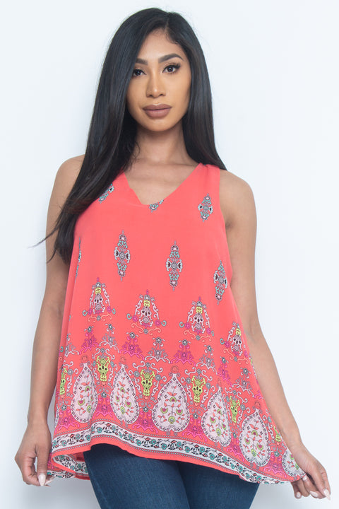 ‘Pretty Paisley’ Print Sleeveless V Neck Tank Top in Coral (YM3101NB/RN132707) - Wholesale Fashion Couture 