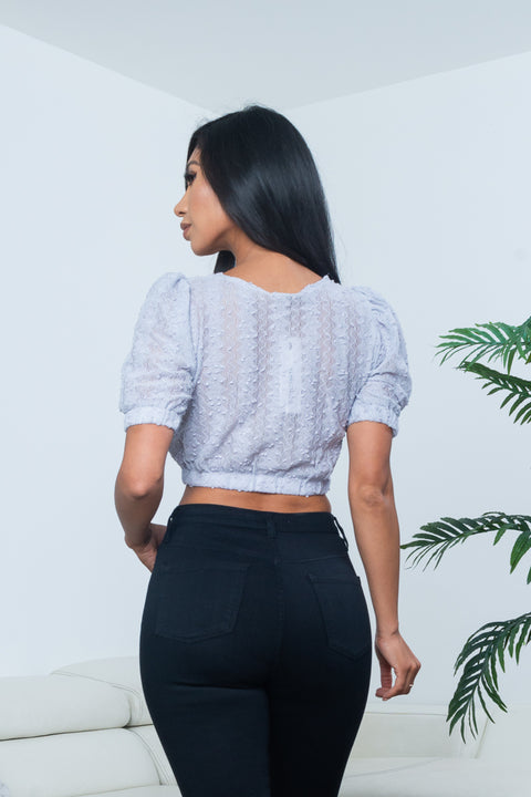 Short Puff Sleeve Lace Mesh Surplice V Neck Crop Top (Y21052) - Wholesale Fashion Couture 