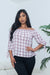 Plaid Off Shoulder 3/4 Sleeve Button Down Top with Lettuce Hem in White, Burgundy & Navy (16928) - Wholesale Fashion Couture 