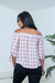 Plaid Off Shoulder 3/4 Sleeve Button Down Top with Lettuce Hem in White, Burgundy & Navy (16928) - Wholesale Fashion Couture 
