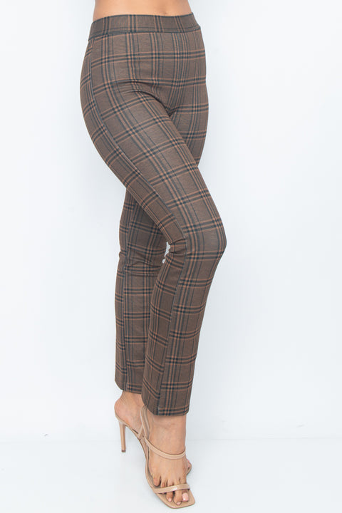 Cropped Dress Pants with Stretch Waistband in Honey Brown Plaid (PH23950) - Wholesale Fashion Couture 