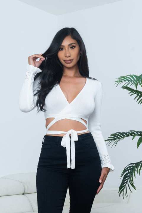'Classy Chic' Sweater Knit Surplice Wrap Crop Top with Extended Waist Ties and Lettuce Hem Cuffed Long Sleeves in Off White (LT16628-FCI) - Wholesale Fashion Couture 