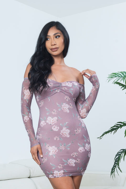 Floral Print Long Sleeve Off Shoulder Ruched Bust Bodycon Mini Dress in Mauve (CD54542) - Wholesale Fashion Couture 