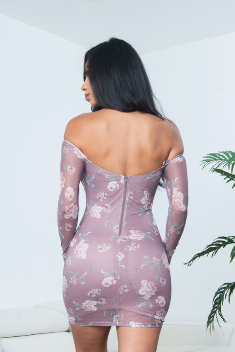Floral Print Long Sleeve Off Shoulder Ruched Bust Bodycon Mini Dress in Mauve (CD54542) - Wholesale Fashion Couture 