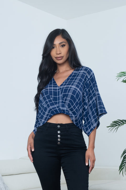 Window Pane Plaid Surplice V Neck Dolman Sleeve Crop Top (KT18127) - Wholesale Fashion Couture 