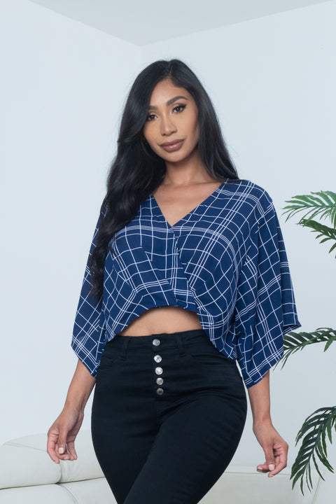 Window Pane Plaid Surplice V Neck Dolman Sleeve Crop Top (KT18127) - Wholesale Fashion Couture 