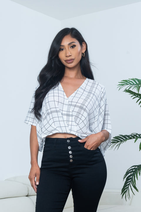 Window Pane Plaid Surplice V Neck Dolman Sleeve Crop Top (KT18127) - Wholesale Fashion Couture 