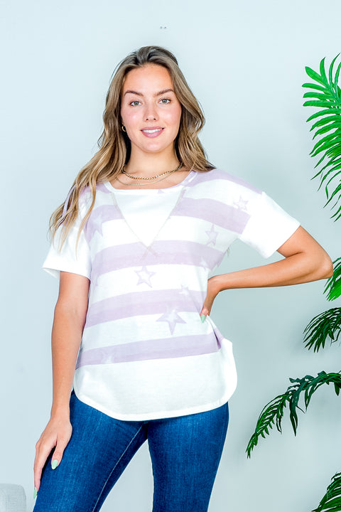 Stars & Stripes Print Drop Shoulder Short Sleeve Striped Waffle Knit Tee with V-Stitch Insert and Dolphin Hem (HT10487) - Wholesale Fashion Couture 